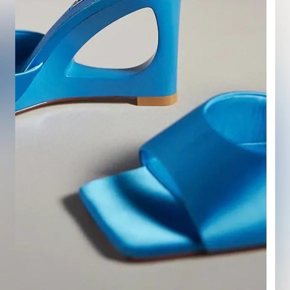 CAVERLEY Ozi Wedge Heels - Blue Satin & Leather Sculptured heeled mules Sz39 NEW - Picture 5 of 10